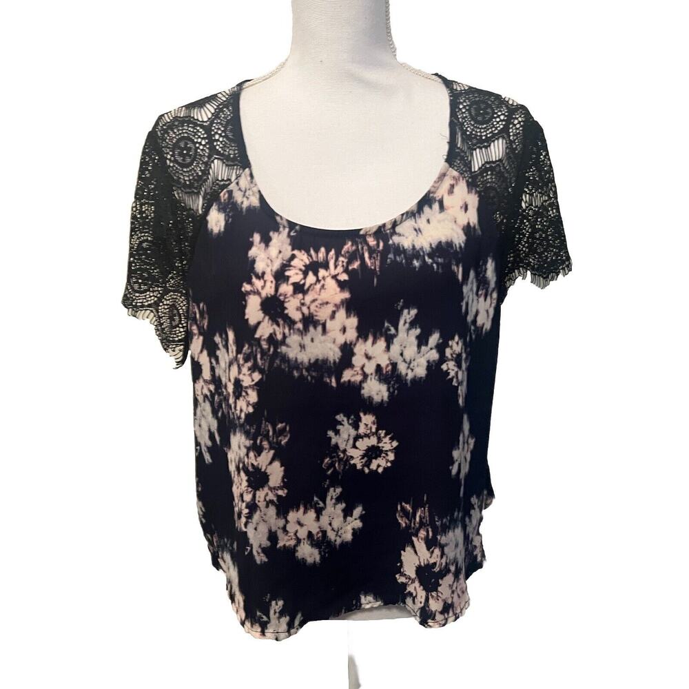 Chelation Blue Pink Floral Top Short Sleeve Lace Sz XXL